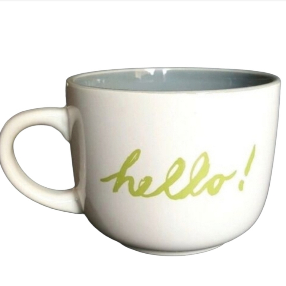 Hello Coffee Soup Mug Cup Large Gray White Green Novelty Mara Mia 16 oz *